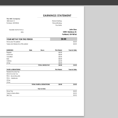 The earnings statement in the print settings window, ready to print on one page.
